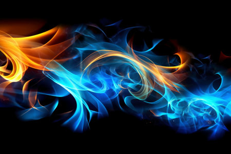 abstract blue and orange fire flames on black background, abstract backgroundの素材