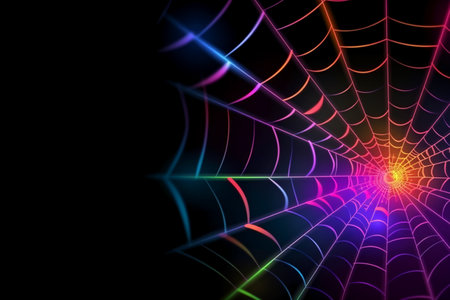 spider web with neon lights on a black background, vector illustrationの素材