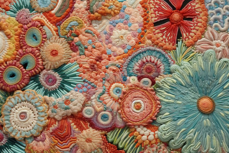 Colorful handmade embroidery on fabric as background. Close upの素材