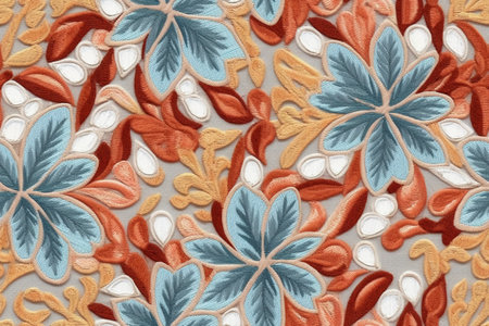 Fabric with floral ornament. Fragment of colorful retro tapestry textile pattern with floral ornament useful as backgroundの素材