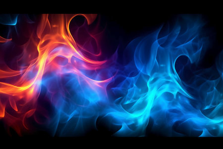 Blue and red fire flames isolated on black background. Abstract background.の素材