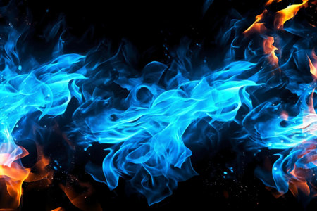 blue fire flames on black background close-up abstract texture for designの素材