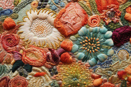Fabric with embroidery of different colors, close-upの素材