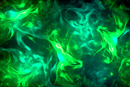 Green fire flames on black background. Texture of fire. Design element.の素材