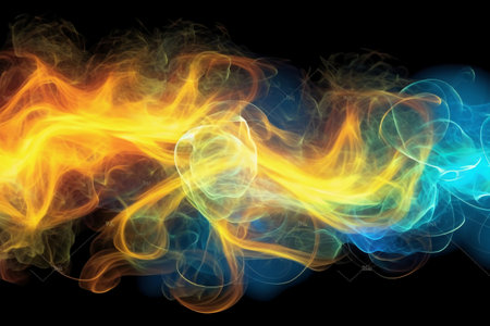 Abstract multicolored smoke from the incense sticks on a black backgroundの素材