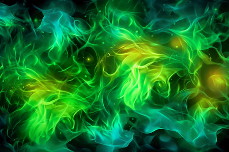 abstract background with green and yellow fire flames and sparks on blackの素材