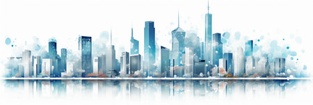 Cityscape with skyscrapers and reflections on water. Vector illustration.の素材