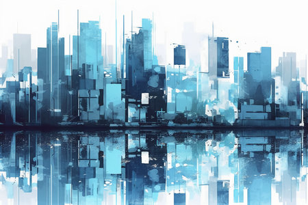 Modern cityscape with skyscrapers reflected in water. Vector illustration.の素材