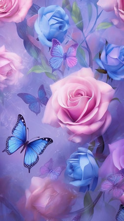 Beautiful pink roses and blue butterflies on a soft colored background.の素材
