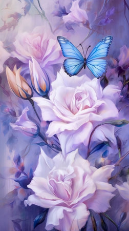 Beautiful blooming flowers and blue butterfly on a watercolor backgroundの素材