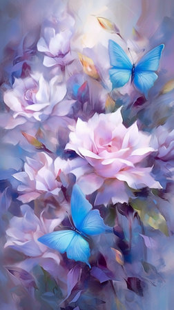 Beautiful watercolor floral background with magnolia flowers and butterflies.の素材