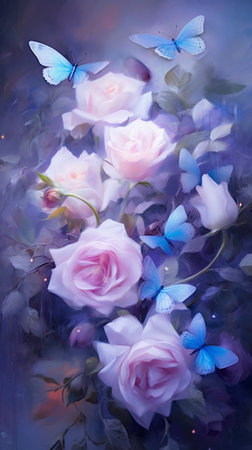 Beautiful pink roses with blue butterflies. Watercolor painting on canvas.の素材