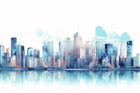 Modern cityscape with buildings and skyscrapers. 3D renderingの素材