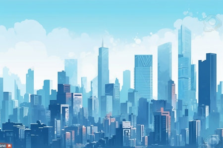 Cityscape with skyscrapers and clouds in blue tone. Vector illustration.の素材
