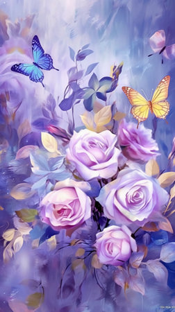 Abstract watercolor painting of pink rose flowers with butterfly on blue backgroundの素材