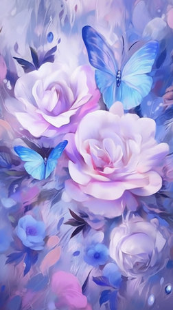 Watercolor floral background with pink roses and blue butterflies. Hand-drawn illustration.の素材