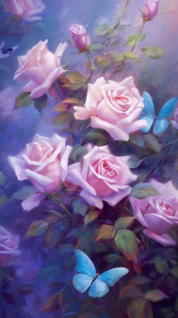 Pink roses and blue butterfly in watercolor painting style on canvas.の素材