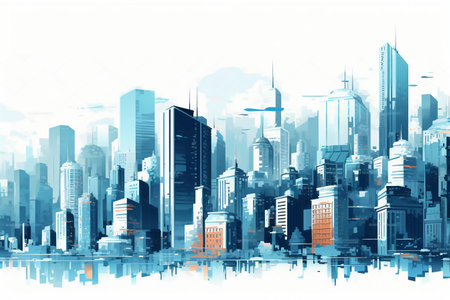 Modern cityscape with skyscrapers and reflections. 3d renderingの素材