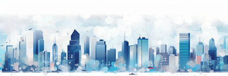 Modern City Skyline with Skyscrapers and Buildings, Vector Illustrationの素材