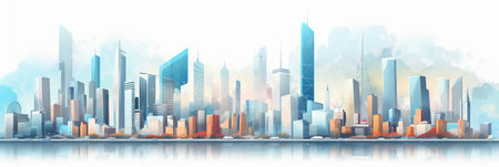 Panoramic modern cityscape with skyscrapers. Vector illustration.の素材
