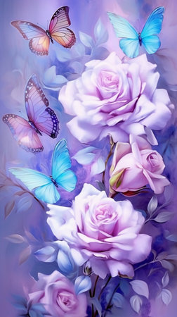 Beautiful watercolor floral background with roses, peonies and butterfliesの素材