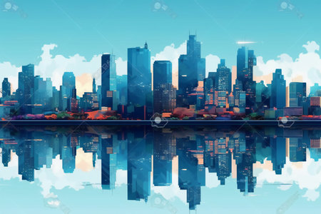 Modern cityscape with skyscrapers and reflection on water. Vector illustrationの素材