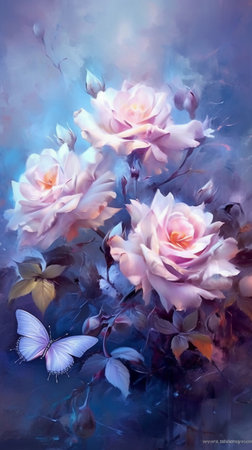 Watercolor painting of pink roses and butterfly on blue background. Digital painting.の素材