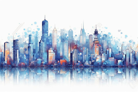 Modern cityscape with skyscrapers and reflections. Vector illustration.の素材