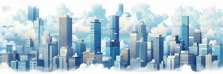 Cityscape with skyscrapers and clouds in the sky. Vector illustration.の素材