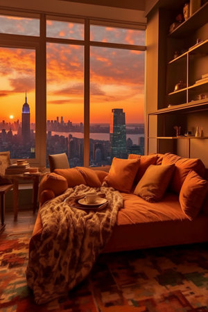 Luxury living room with sofa, coffee cup and city viewの素材