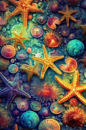 Starfishes and seashells on the background of the seaの素材