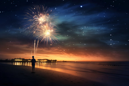 Silhouette of a man standing on the beach with fireworks in the skyの素材
