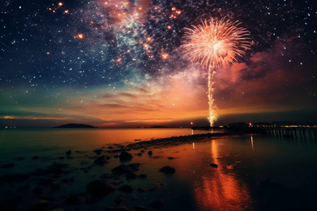 Beautiful fireworks in the sky over the sea. Colorful fireworks.の素材