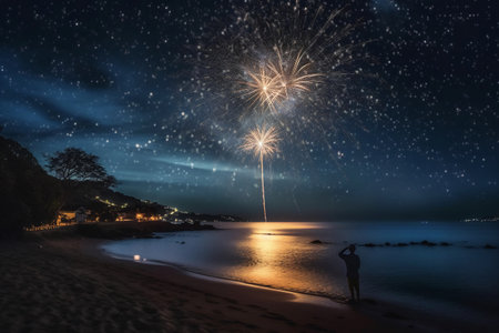 Beautiful fireworks in the night sky over the sea and beach.の素材