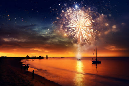 Beautiful fireworks over the sea at sunset. Luxury holiday backgroundの素材