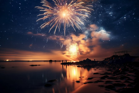 beautiful fireworks in the night sky over the sea, long exposureの素材
