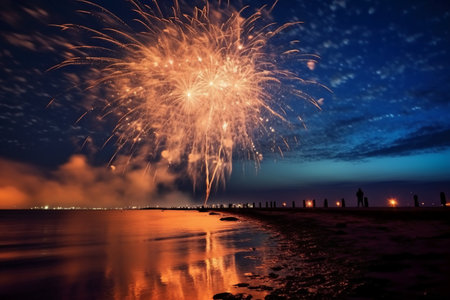 Colorful fireworks in the night sky above the sea. Long exposureの素材