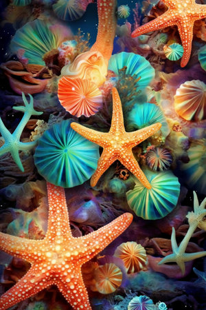 Colorful starfish and sea urchins on abstract background.の素材