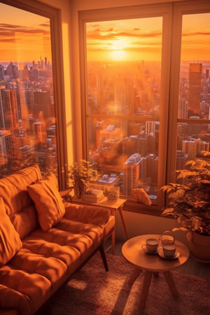 Cozy living room with orange sofa, coffee table and window with city view.の素材