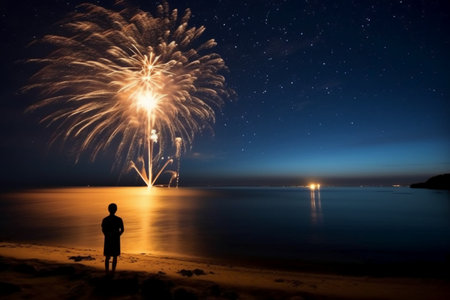 Silhouette of a man standing on the beach and watching fireworksの素材