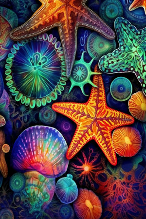 Colorful starfishes and seashells on a blue backgroundの素材