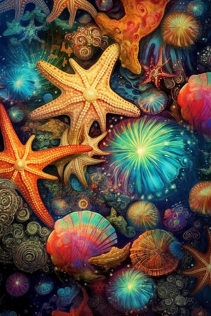 Starfish, seashells and starfish on a colorful backgroundの素材