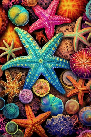 Colorful starfishes and seashells as a background.の素材