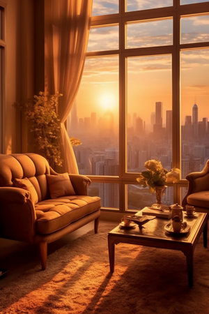 Living room with a large window overlooking the city and the sunset.の素材