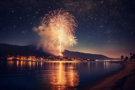 Fireworks over the sea at night with starry sky background.の素材