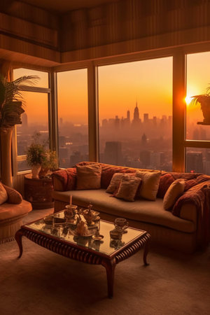 Cozy living room with a beautiful view of New York City.の素材