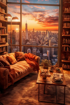 Cozy living room with sofa, bookshelf, coffee table and city viewの素材