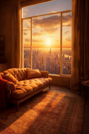 Sofa and a window overlooking the city of New York.の素材