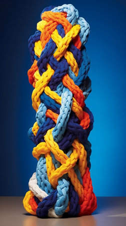 Colorful knitted scarf on a blue background. Studio shot.の素材