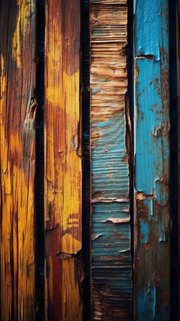 Old wooden wall with blue and yellow paint. Abstract background for design.の素材
